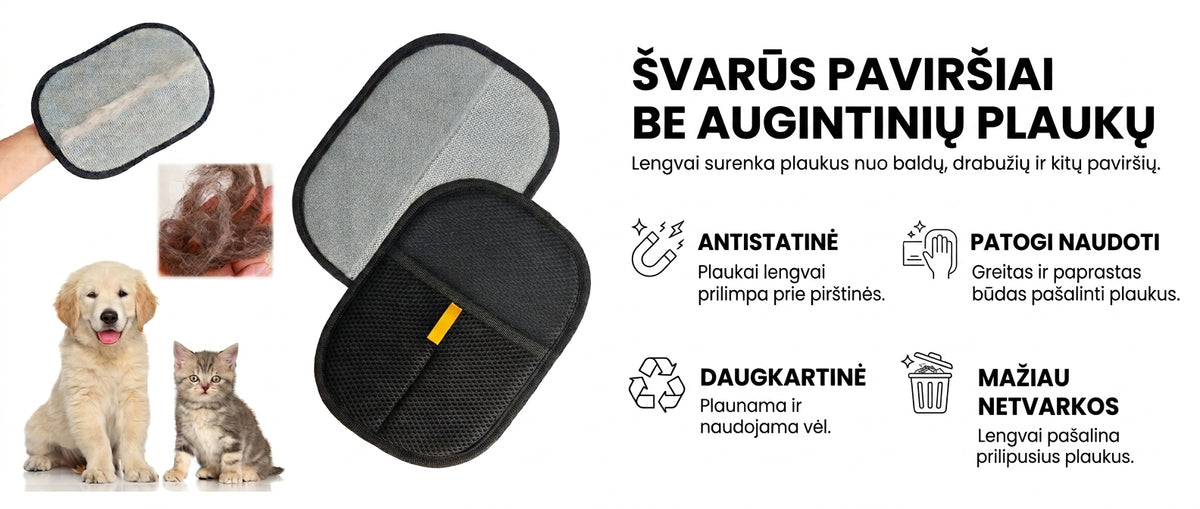 A promotional graphic for a pet hair removal mat. The left side shows a hand holding an open view of the black and gray mesh mat, alongside small photos of a golden retriever, a cat, and a dog with hair on a brush.