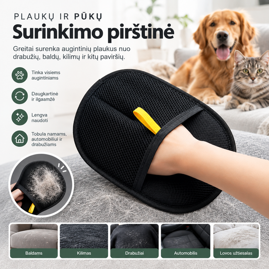 Daugkartinė pūkų ir plaukų surinkimo pirštinė